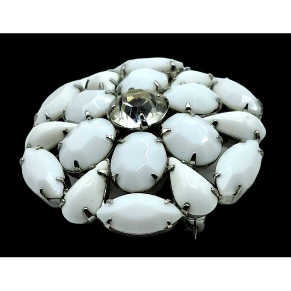 Vintage Rhinestone Brooch Opaque White and Clear Flower Pin Jewelry - Picture 3 of 10